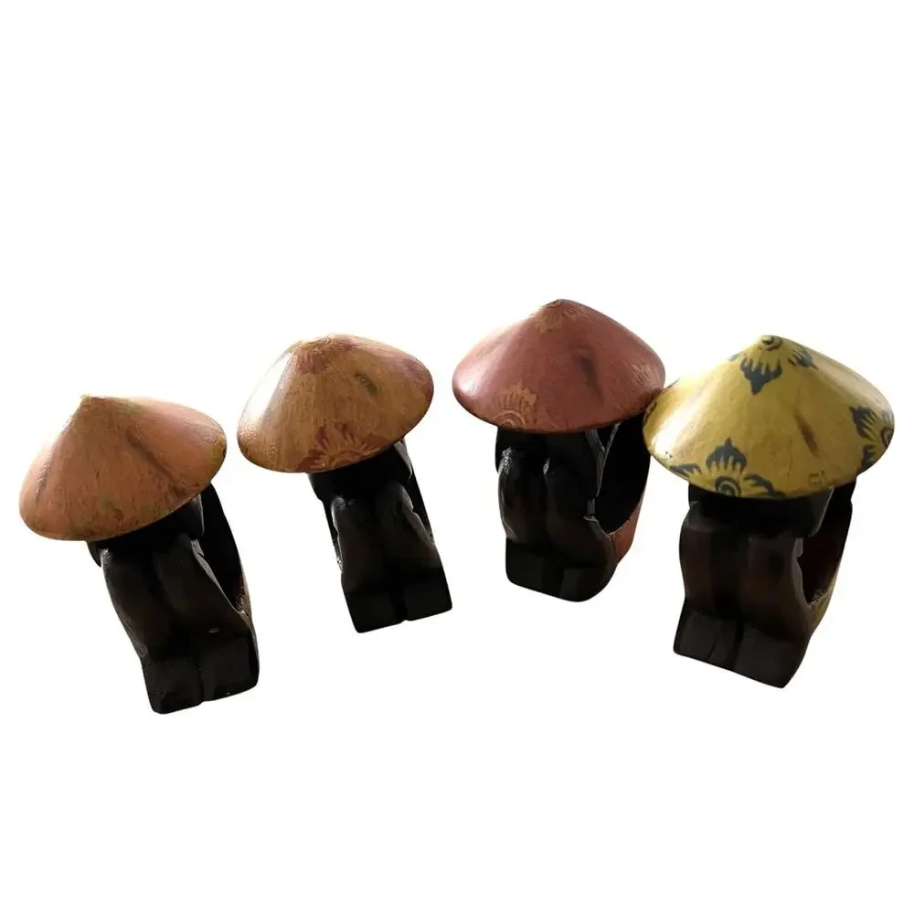 PIER 1 IMPORTS Wooden Carved Napkin Rings Asian SET OF 4 RICE HAT 1717-33